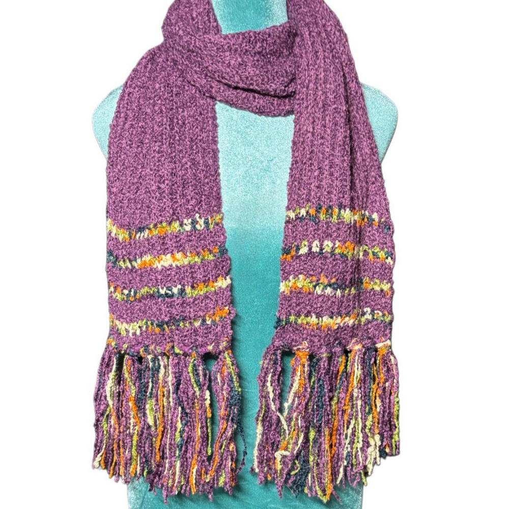 Purple knit Y2K scarf with multi-colored yarn